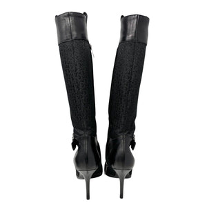 Dior Vintage Trotter Monogram Long Boots Heels #38.5 Black Silver Canvas