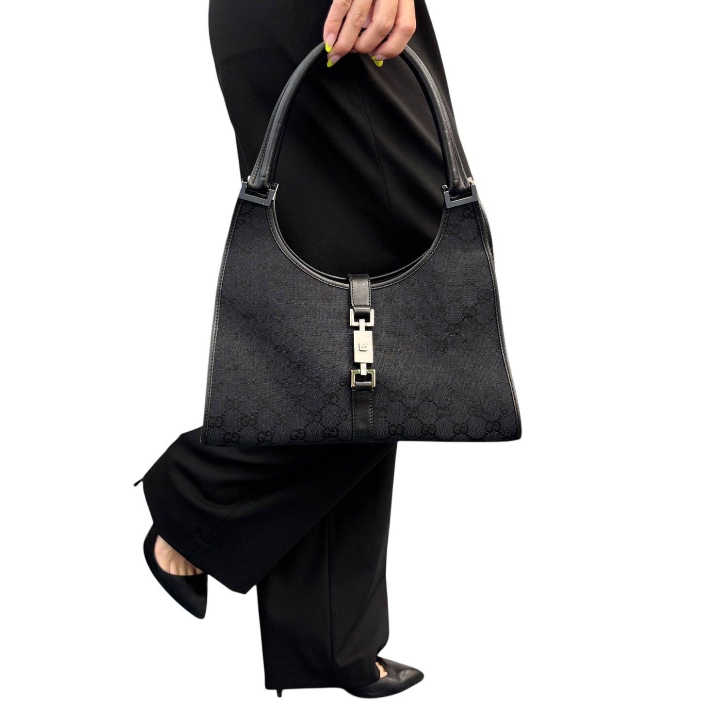 GUCCI Vintage GG Monogram Logo Jackie Shoulder Bag Black Silver Canvas 902251