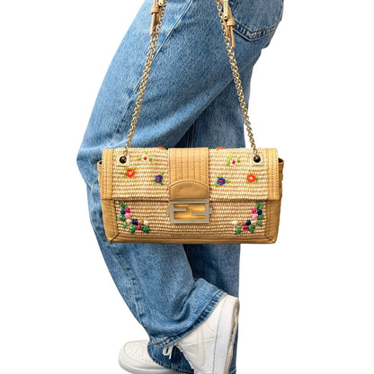 FENDI Vintage FF Logo Beads Mamma Baguette Raffia Shoulder Bag Beige 902273