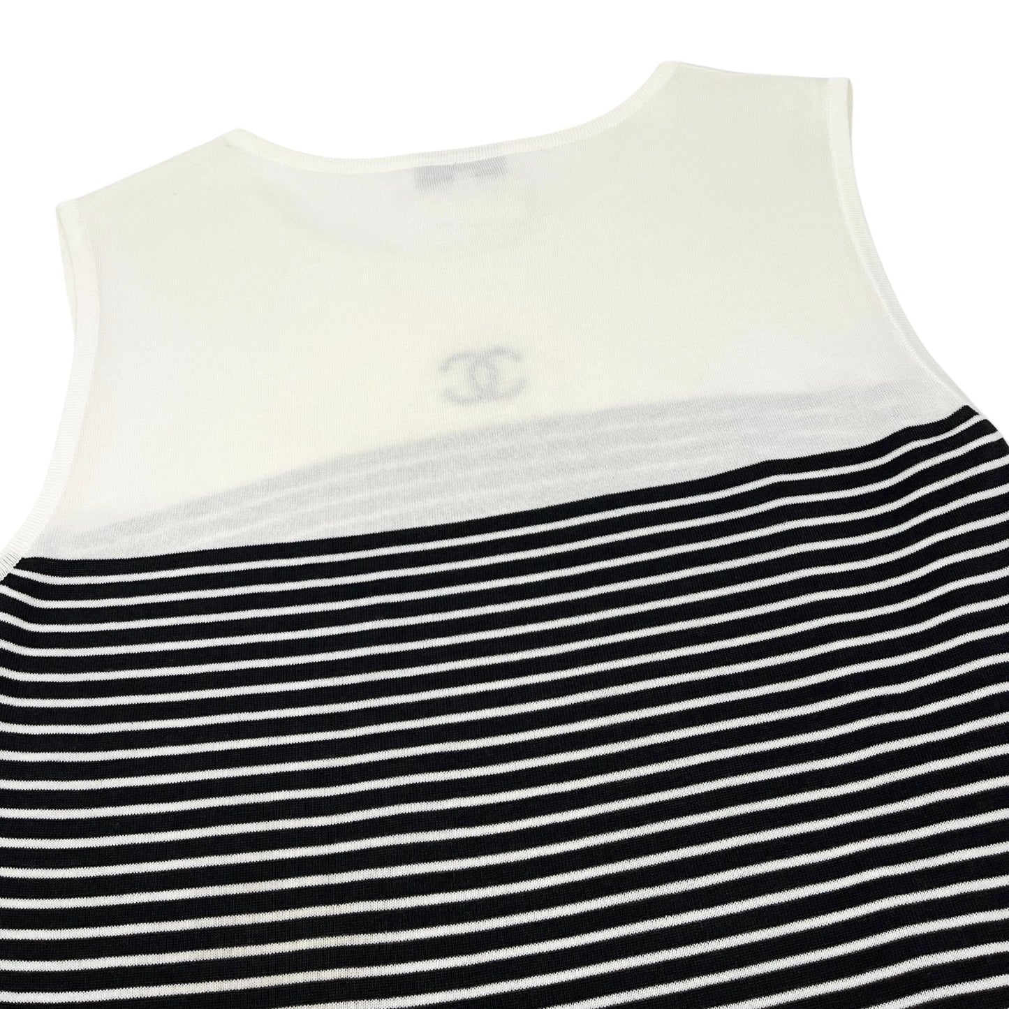 CHANEL Vintage CC Logo Stripe Knit Tank Top #40 Bicolor White Black Cotton