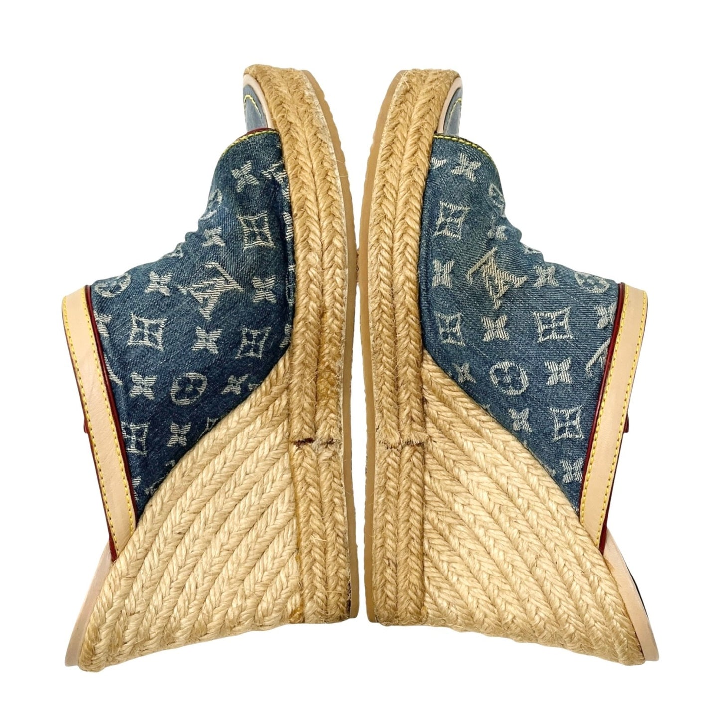 LOUIS VUITTON Vintage Monogram Denim Wedge Sole Sandals #38 Ribbon Blue Beige