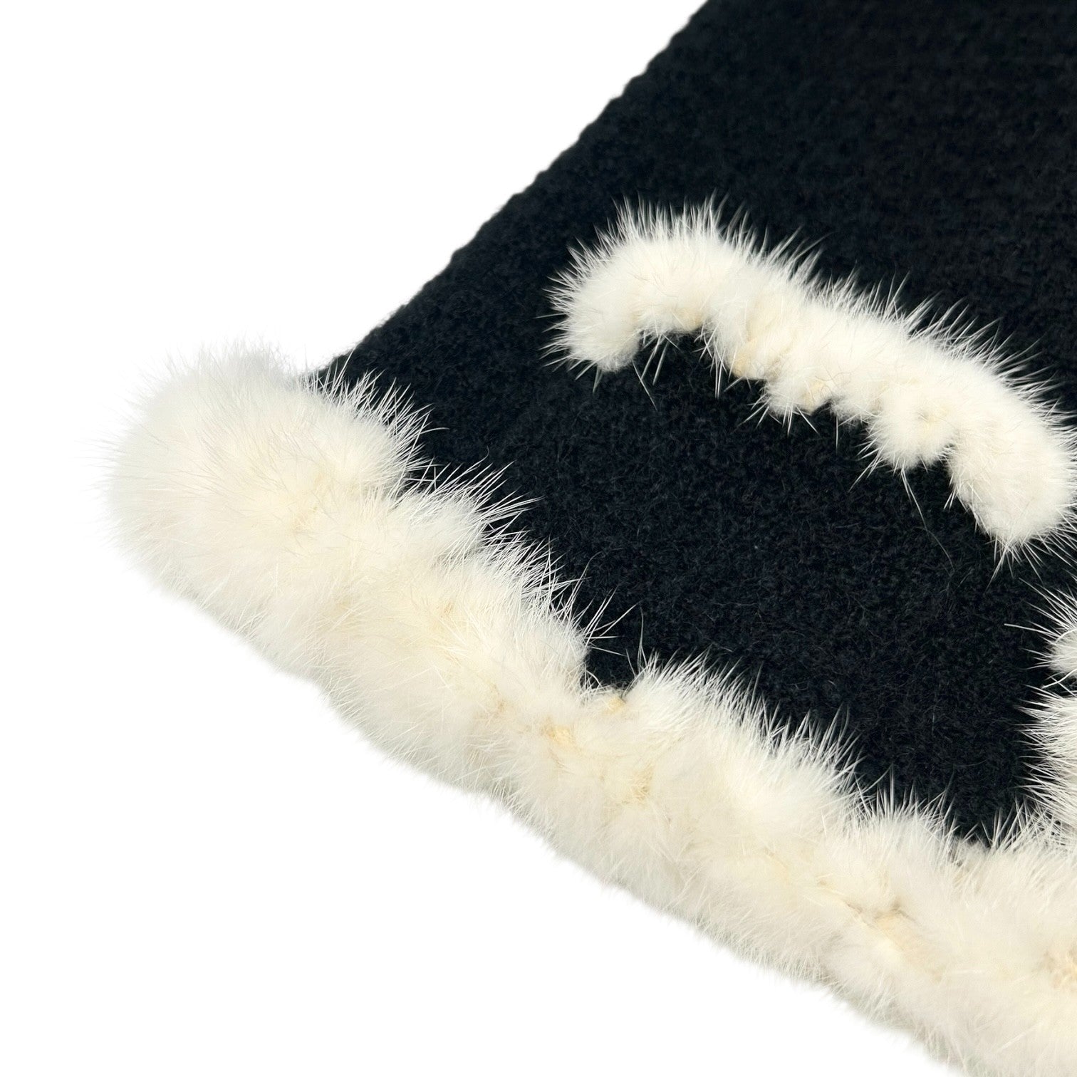 CHANEL Vintage 03A CC Logo Mohair Knit Fur Jacket Pocket Button #38 Black Cream