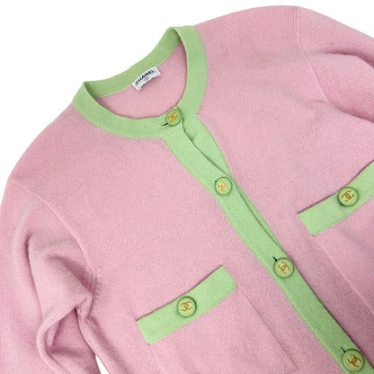 CHANEL Vintage CC Logo Cashmere Knit Long Cardigan Top Pink Green 902471