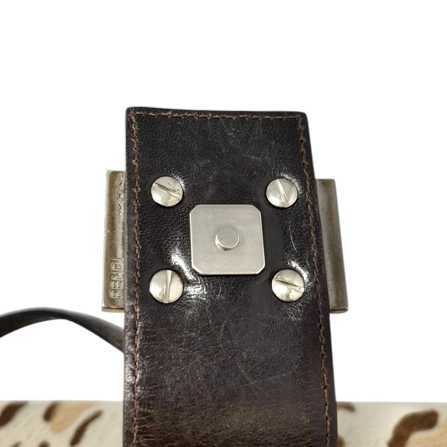 FENDI Vintage FF Logo Leopard Mamma Baguette Shoulder Bag Cream Brown Calf Hair