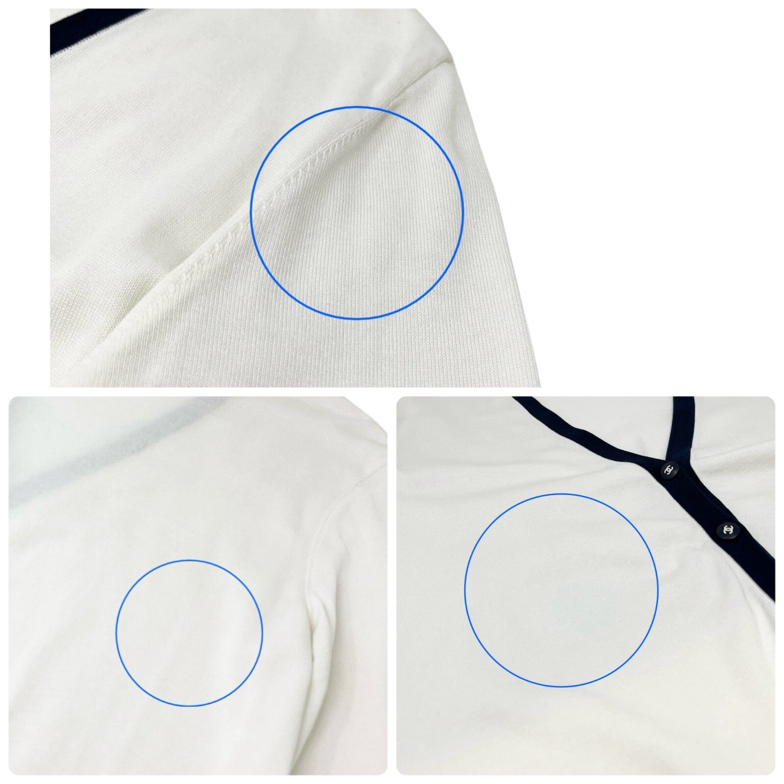 CHANEL Vintage 96P CC Logo Button Cardigan Knit Top #44 White Blue Cotton