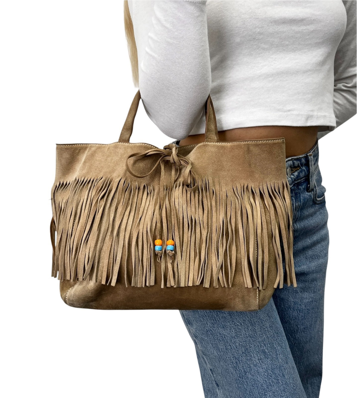 miu miu Vintage Fringe Ribbon Beads Top Handle Tote Bag Beige Suede 902477