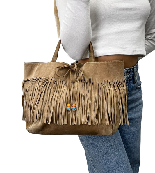 miu miu Vintage Fringe Ribbon Beads Top Handle Tote Bag Beige Suede 902477