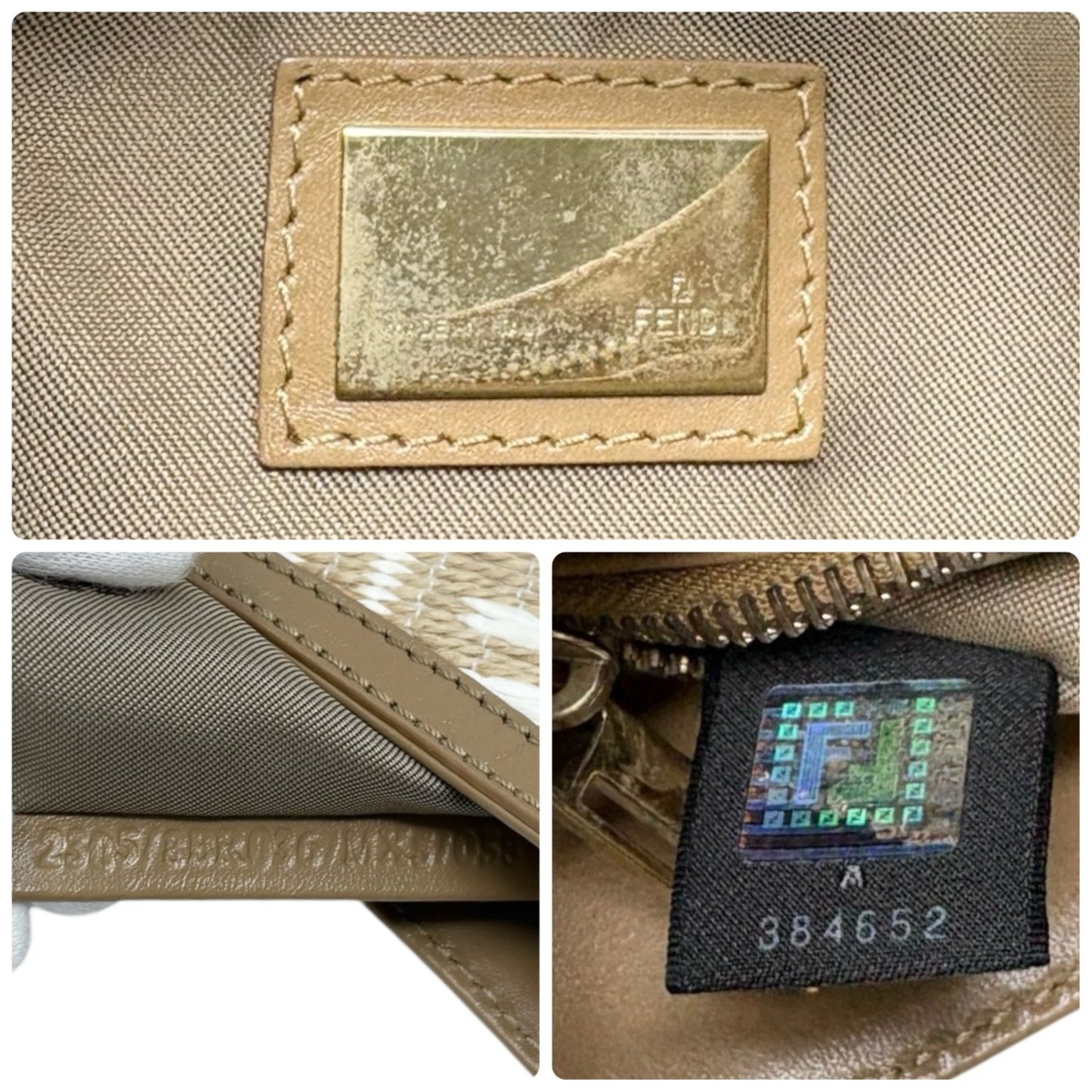 FENDI Vintage FF Logo Zucca Raffia Hobo Shoulder Bag Brown White Leather