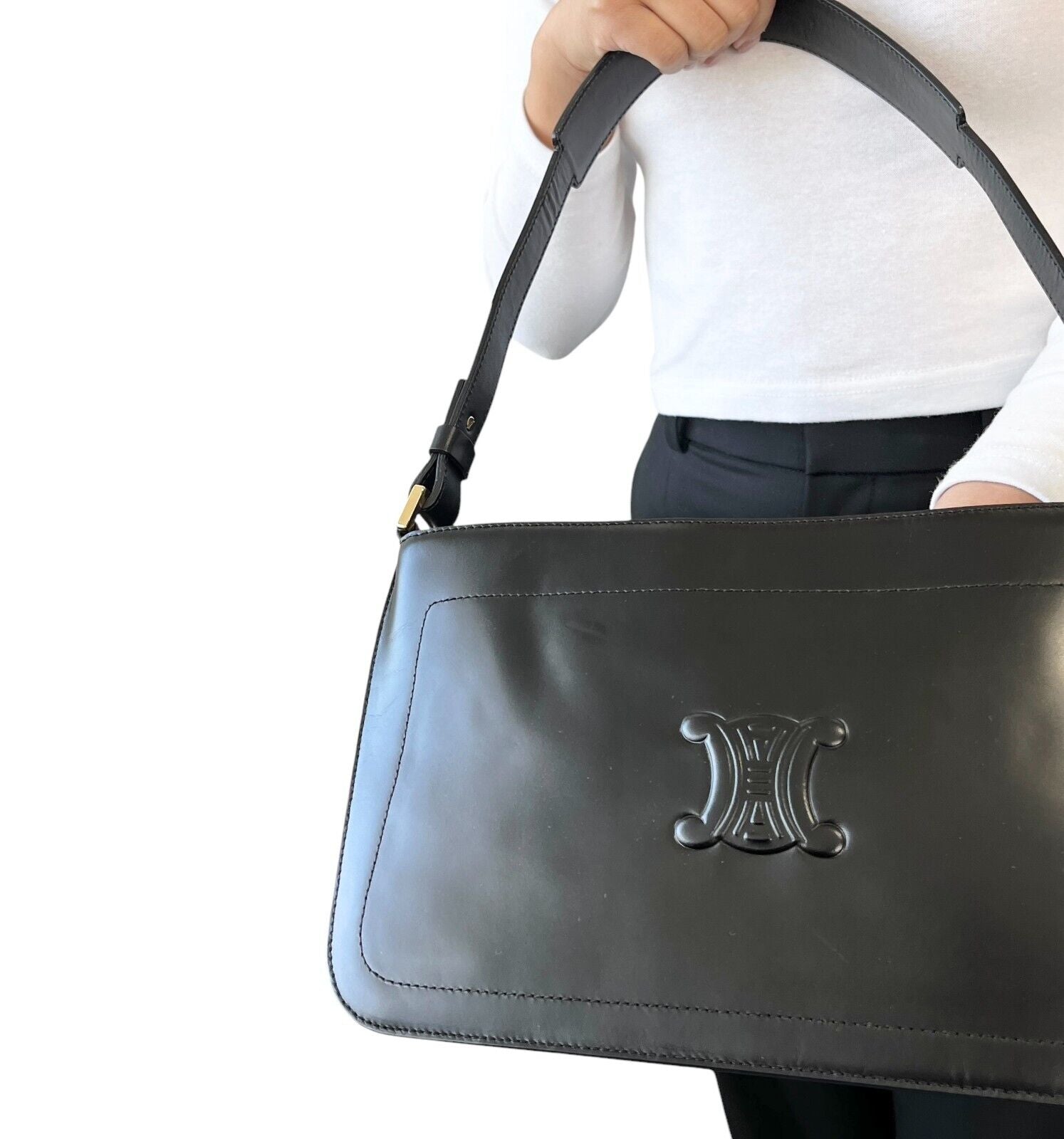 CELINE Vintage Macadam Logo Shoulder Bag Handbag Black Leather Gold Magnetic