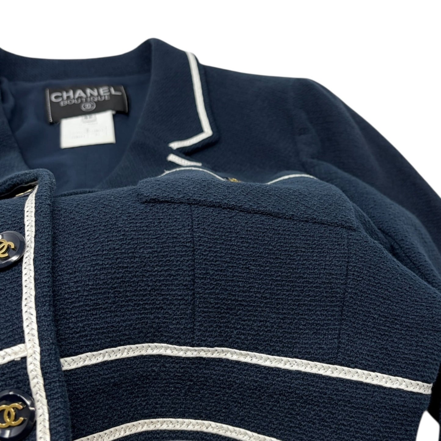 CHANEL Vintage P95 CC Logo Collared Cropped Jacket #42 Dark Blue Cotton Button
