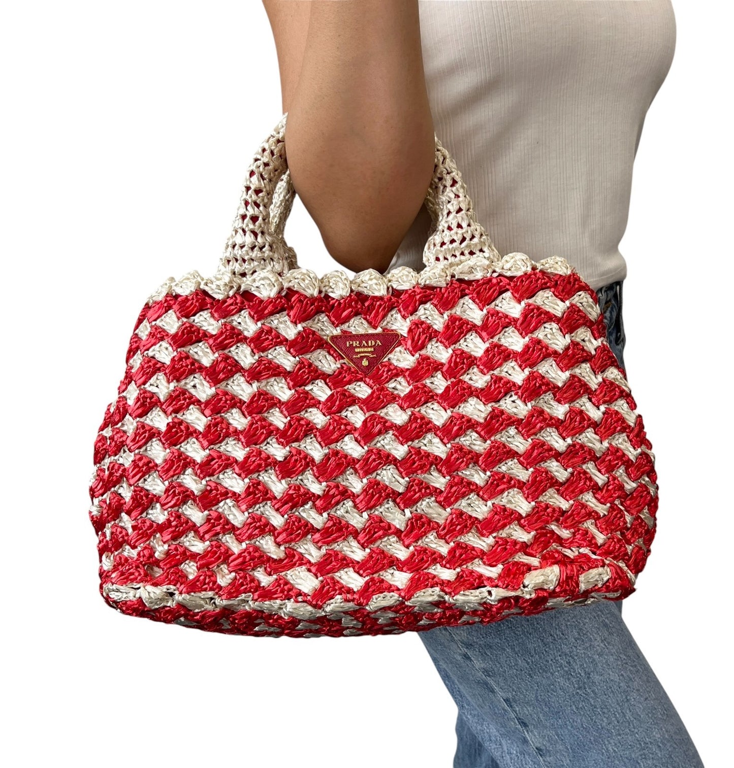PRADA Vintage Triangle Logo Raffia Canapa Tote Bag Red White Crochet 902048
