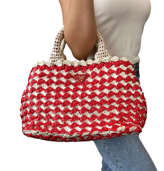 PRADA Vintage Triangle Logo Raffia Canapa Tote Bag Red White Crochet 902048