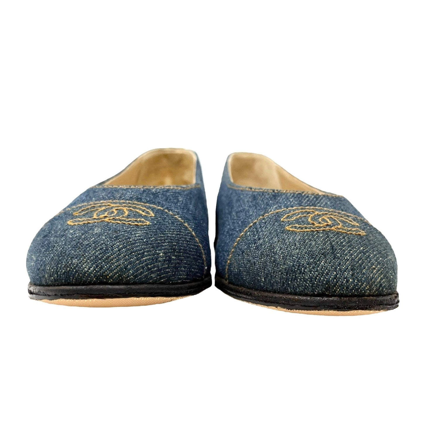 CHANEL Vintage 97P CC Mark Logo Denim Flat Shoes #36 Stitch Blue Beige Cotton
