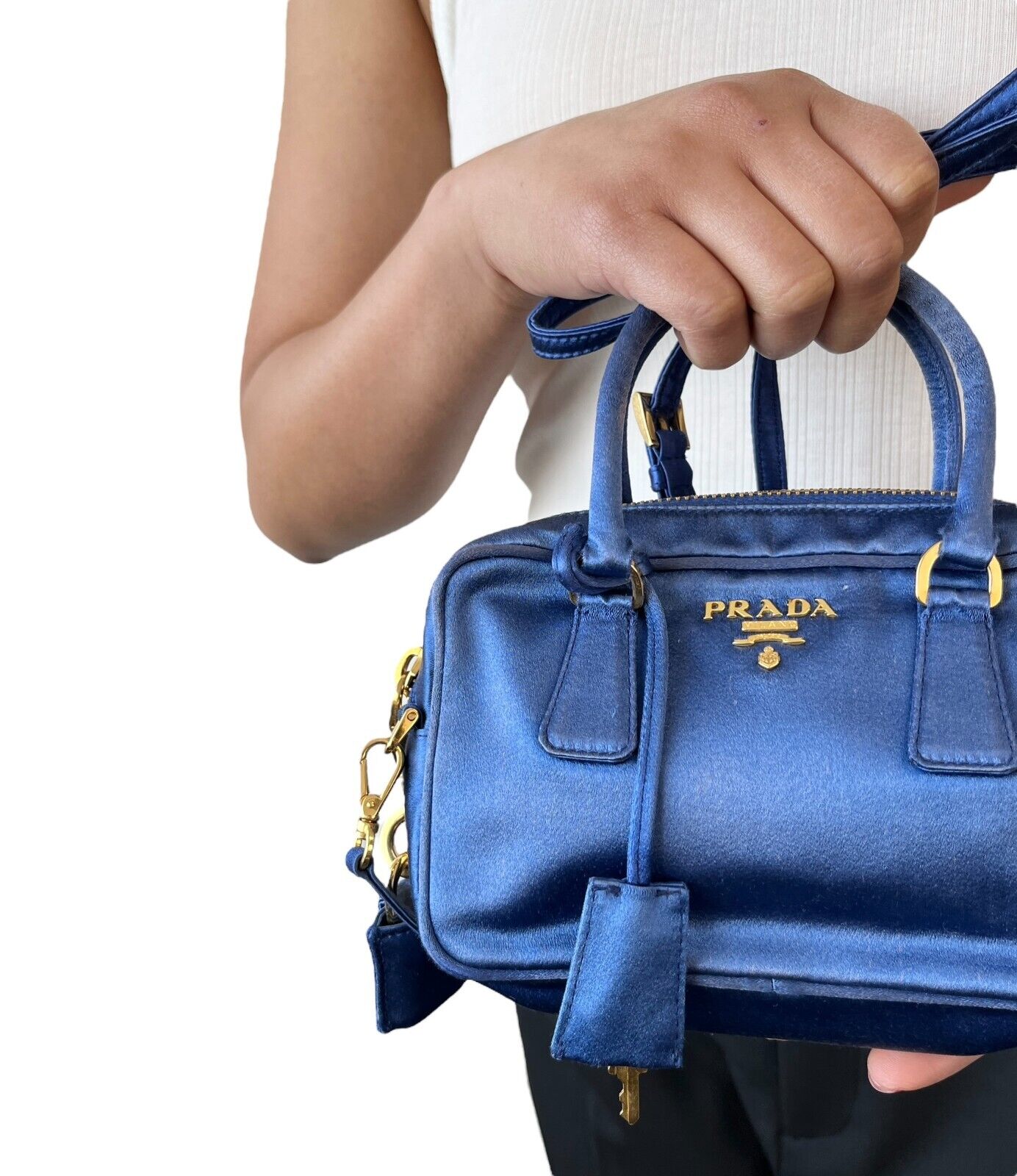 PRADA Vintage Logo Micro Bag Shoulder Bag 2way Padlock Zip Blue Gold Satin