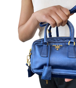 PRADA Vintage Logo Micro Bag Shoulder Bag 2way Padlock Zip Blue Gold Satin