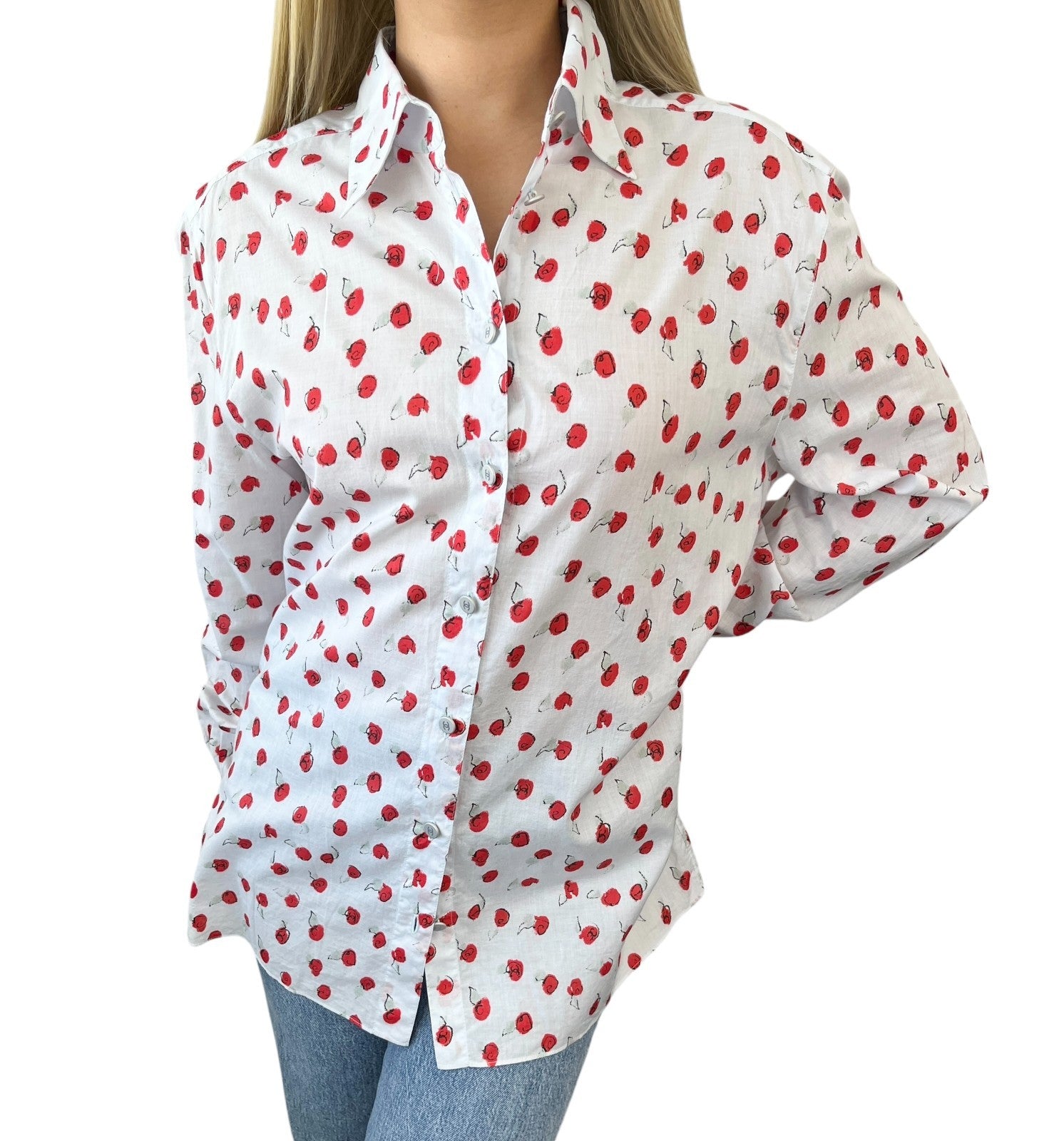 CHANEL Vintage 99S CC Logo Flower Print Shirt Top #44 Button Light Blue Red