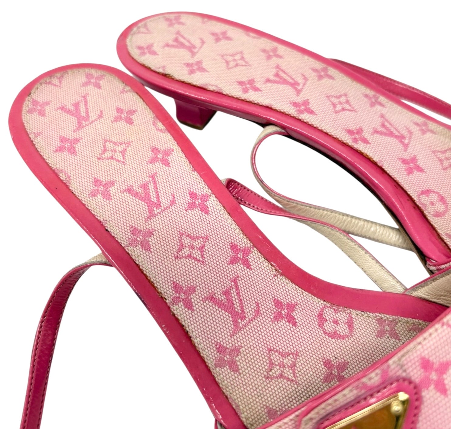 LOUIS VUITTON Vintage LV Logo Monogram Mule Sandals #37 Pink Gold Canvas