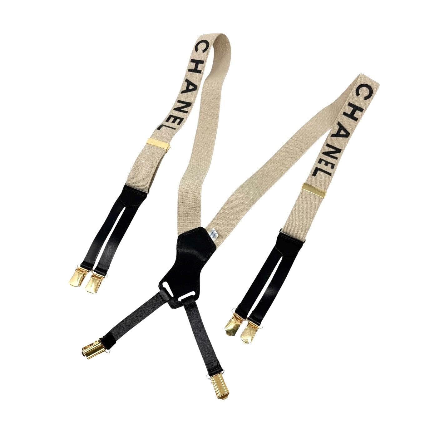 CHANEL Vintage 1994 CC Logo Letter Suspender Belt Beige Black Cotton Leather