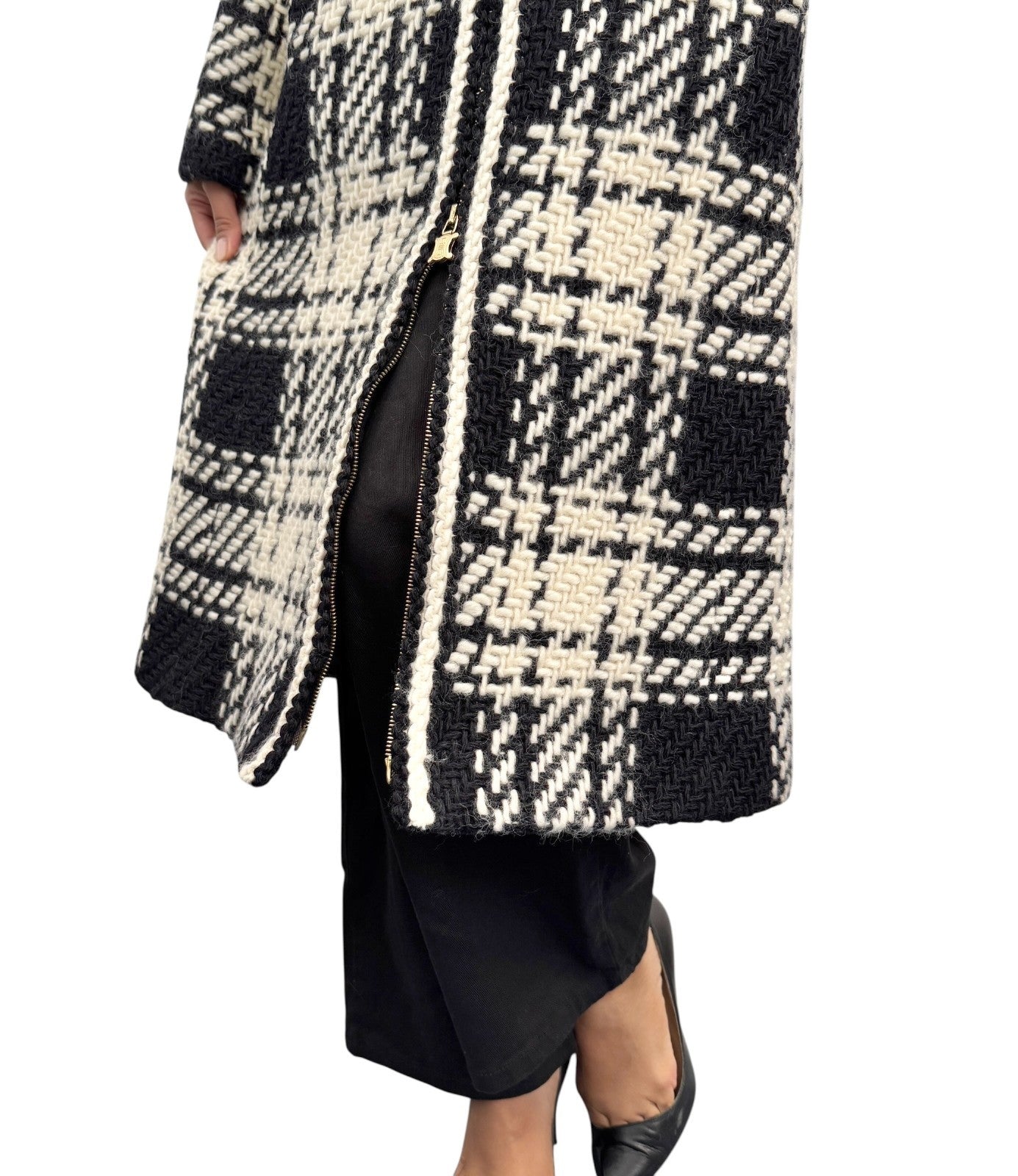 CELINE Vintage Tweed Long Jacket Coat #40 Wool Cashmere White Black