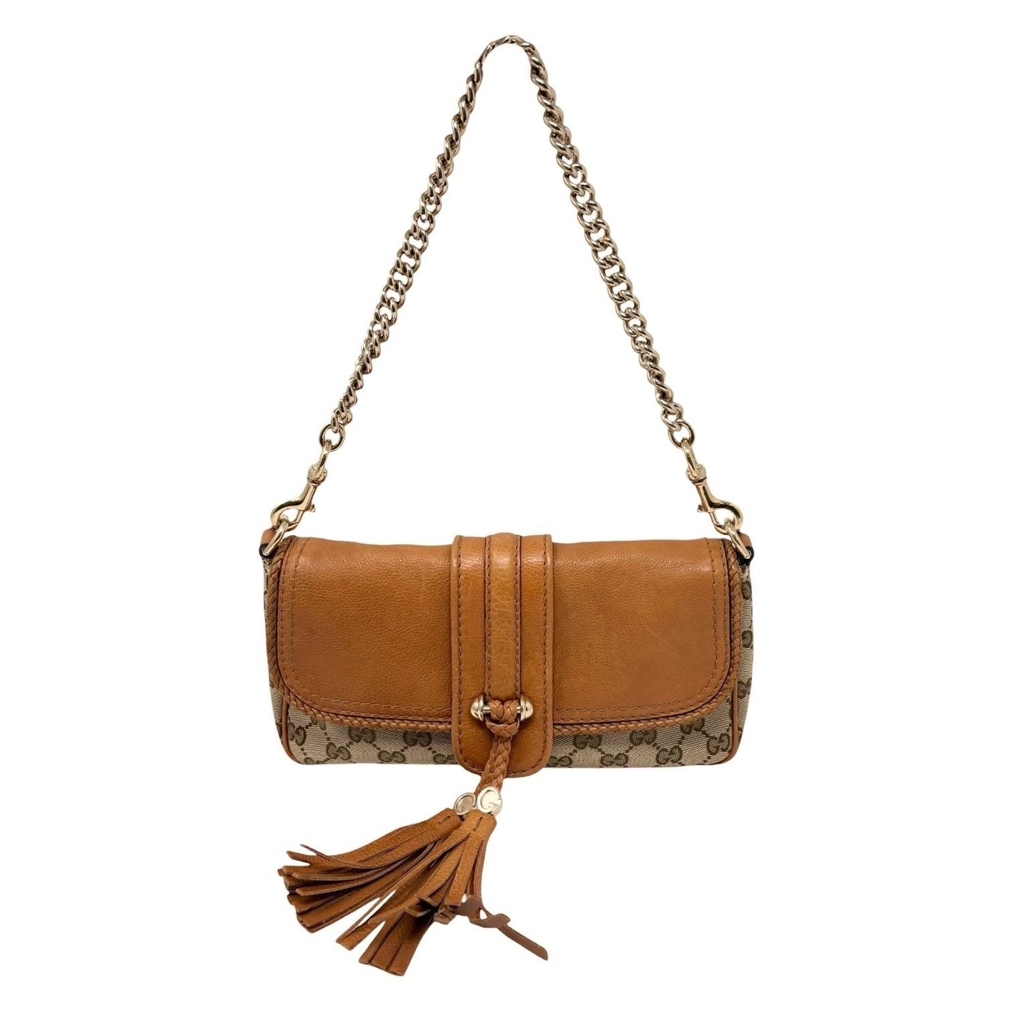 GUCCI Vintage GG Monogram Logo Chain Shoulder Bag Fringe Brown Beige Gold