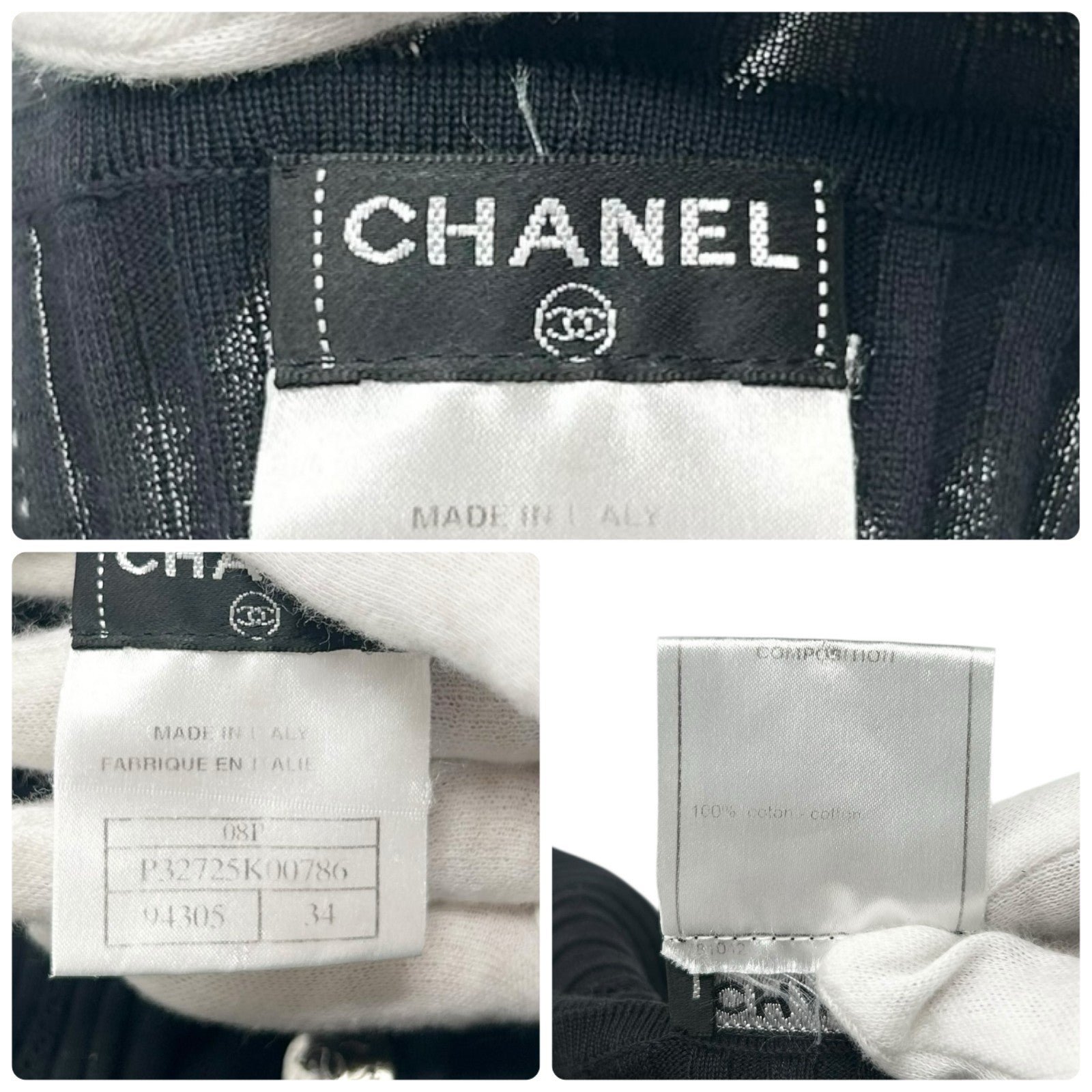 CHANEL Vintage 08P CC Logo Rib Knit Top #34 Black Cotton Silver Short Sleeve