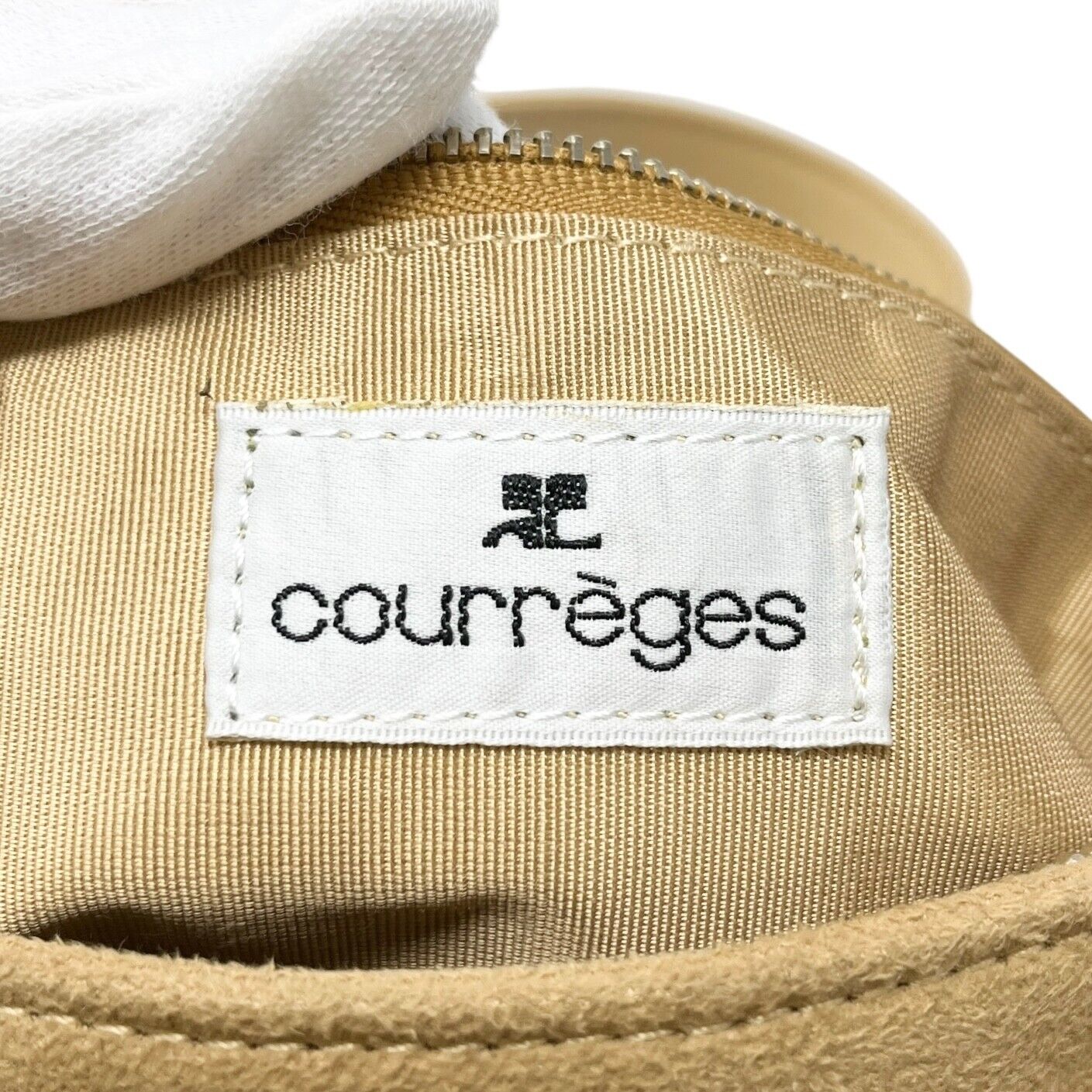 Courreges Vintage Logo Suede Shoulder Bag Boa Pocket Zip Beige Silver Rank AB