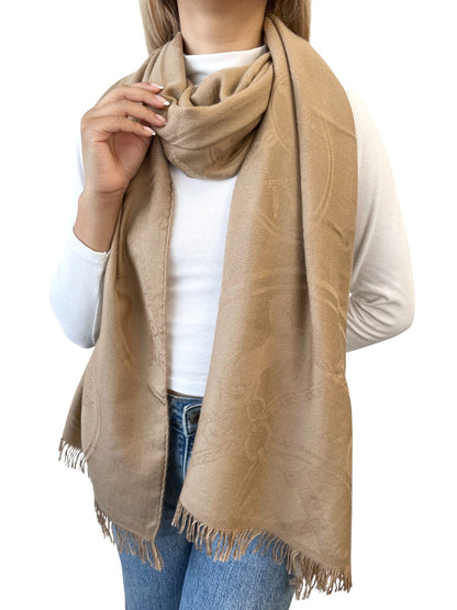 HERMES Vintage H Logo Cashmere New Libris Shawl Scarf Wrap Beige Silk 902845