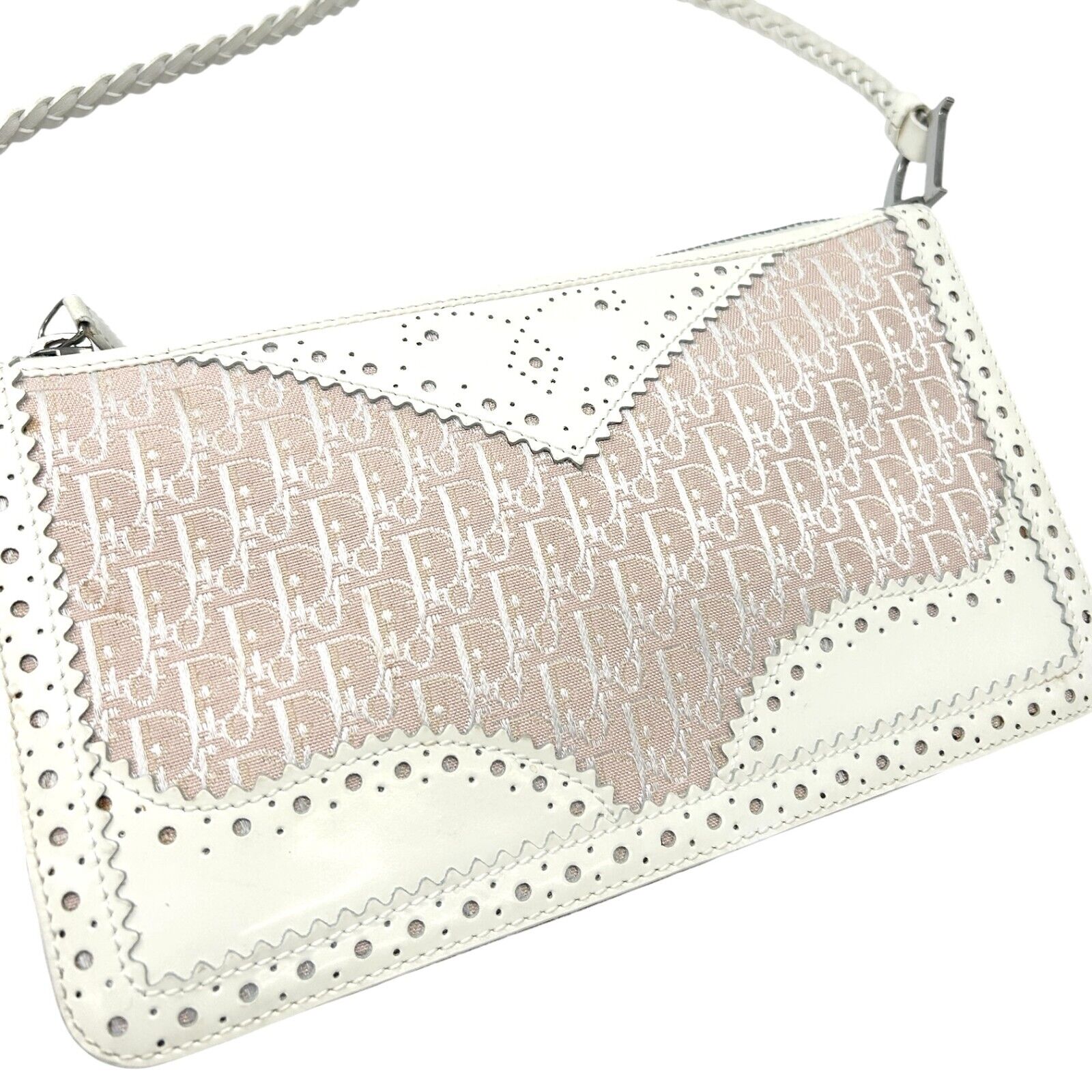 Christian Dior Vintage Trotter Monogram Logo Shoulder Bag Pink White Leather Zip