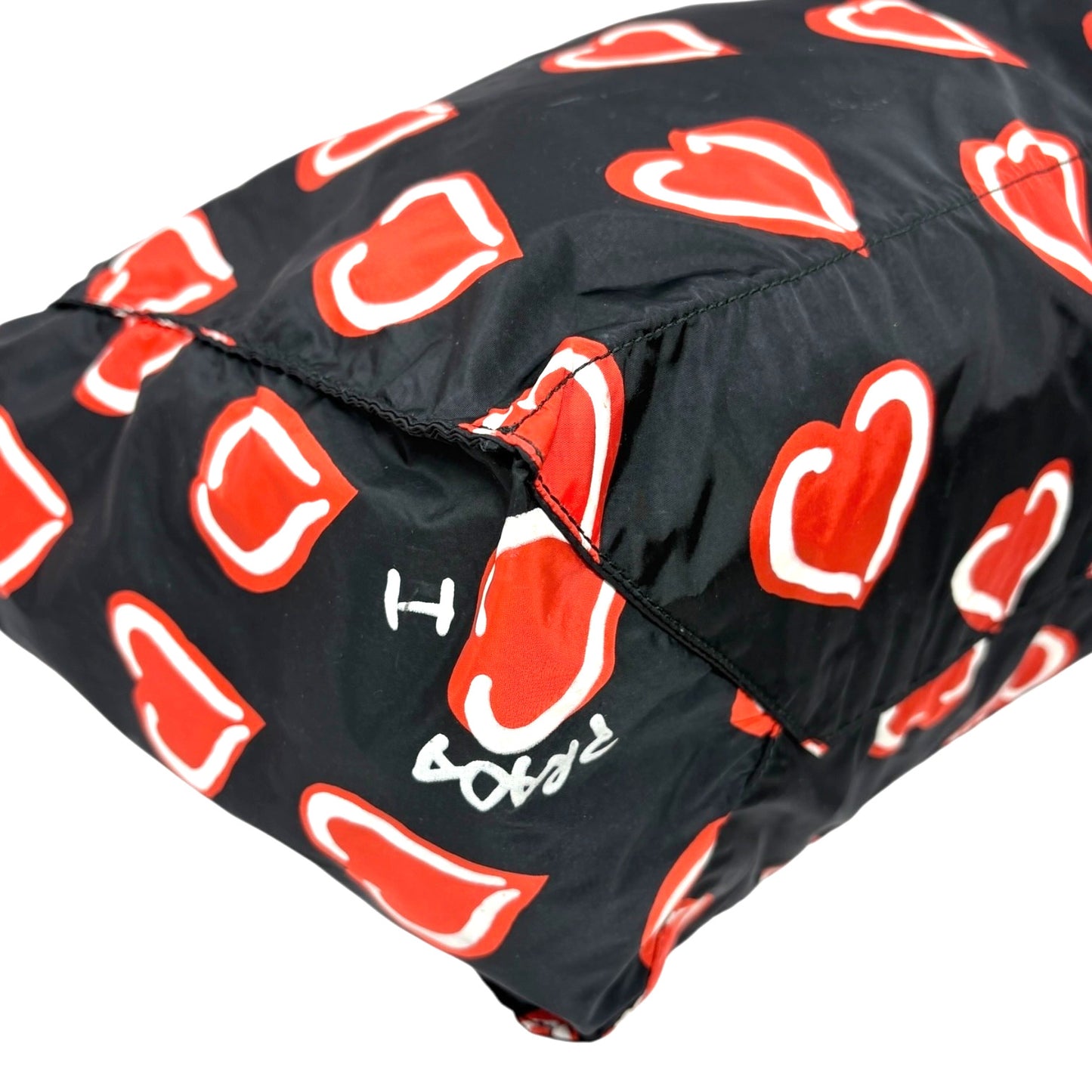 PRADA Vintage Logo Heart Pattern Print Tote Bag Handbag Pouch Black Red Nylon
