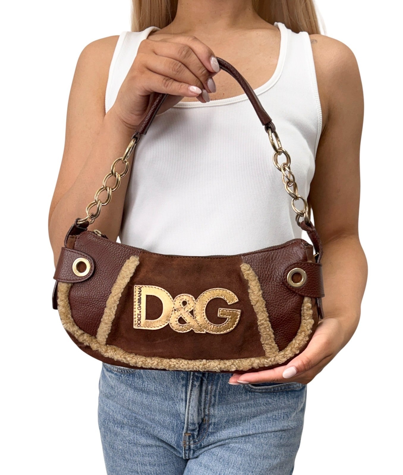 DOLCE&GABBANA Vintage D&G Chain Shoulder Bag Suede Leather Brown Gold 902412