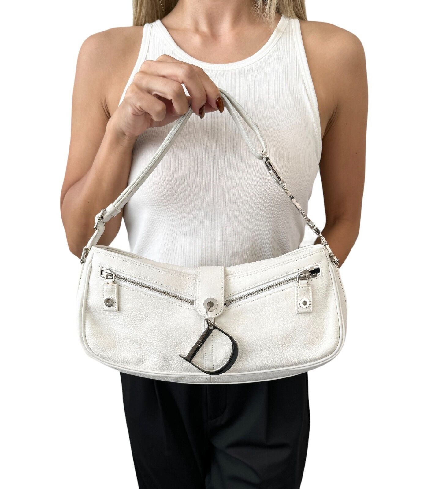 Christian Dior Vintage 2004 Logo Shoulder Bag White Silver Leather Zip Magnet