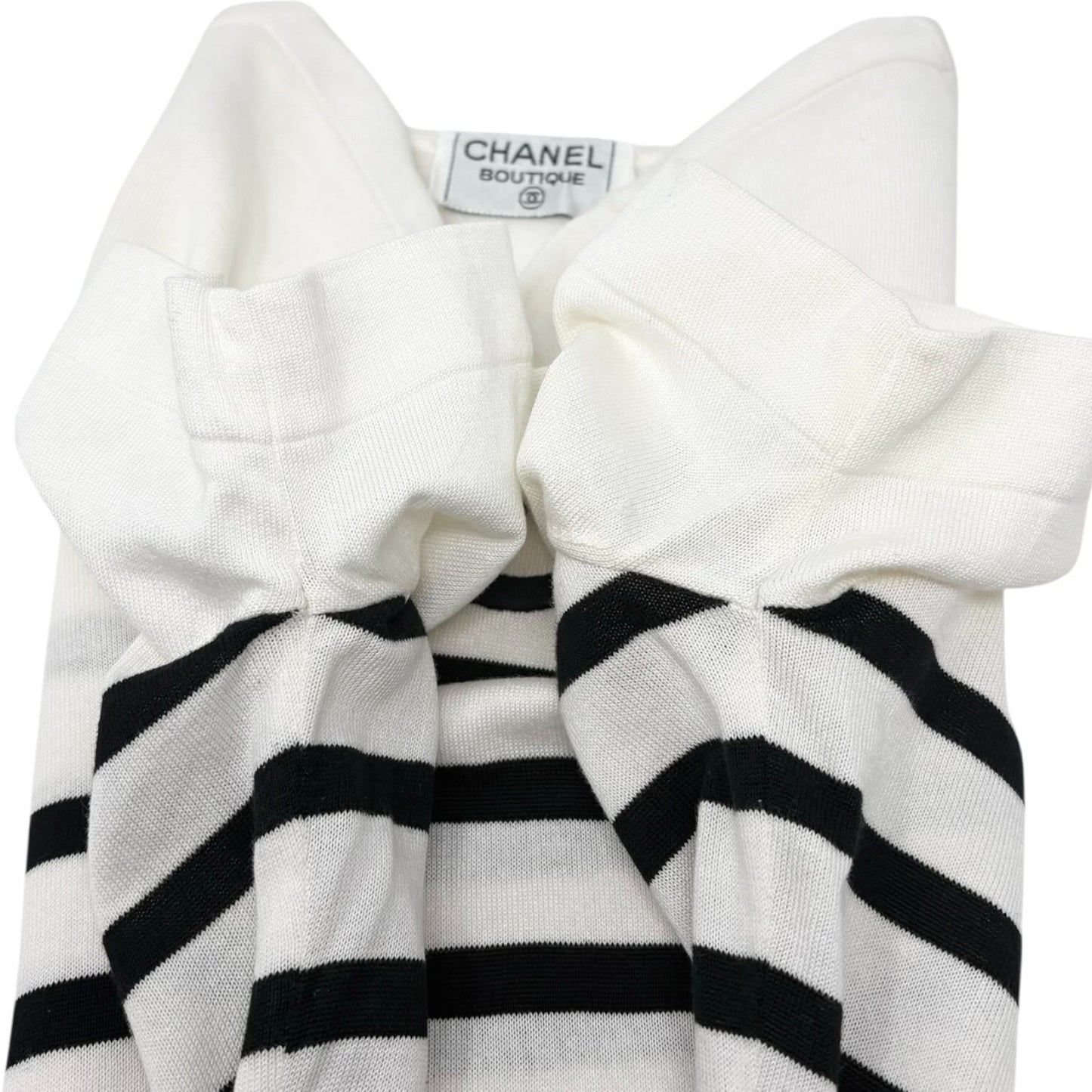 CHANEL Vintage CC Logo Strip T-shirt Top #38 White Black Cotton Short Sleeve