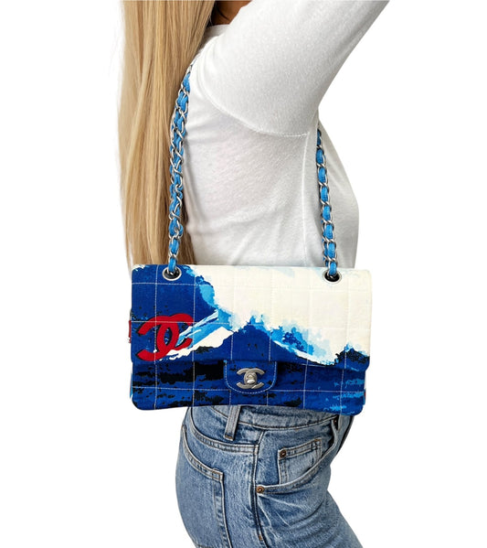 CHANEL Vintage CC Surf Turnlock Chain Flap Crossbody Bag Blue Canvas 902363
