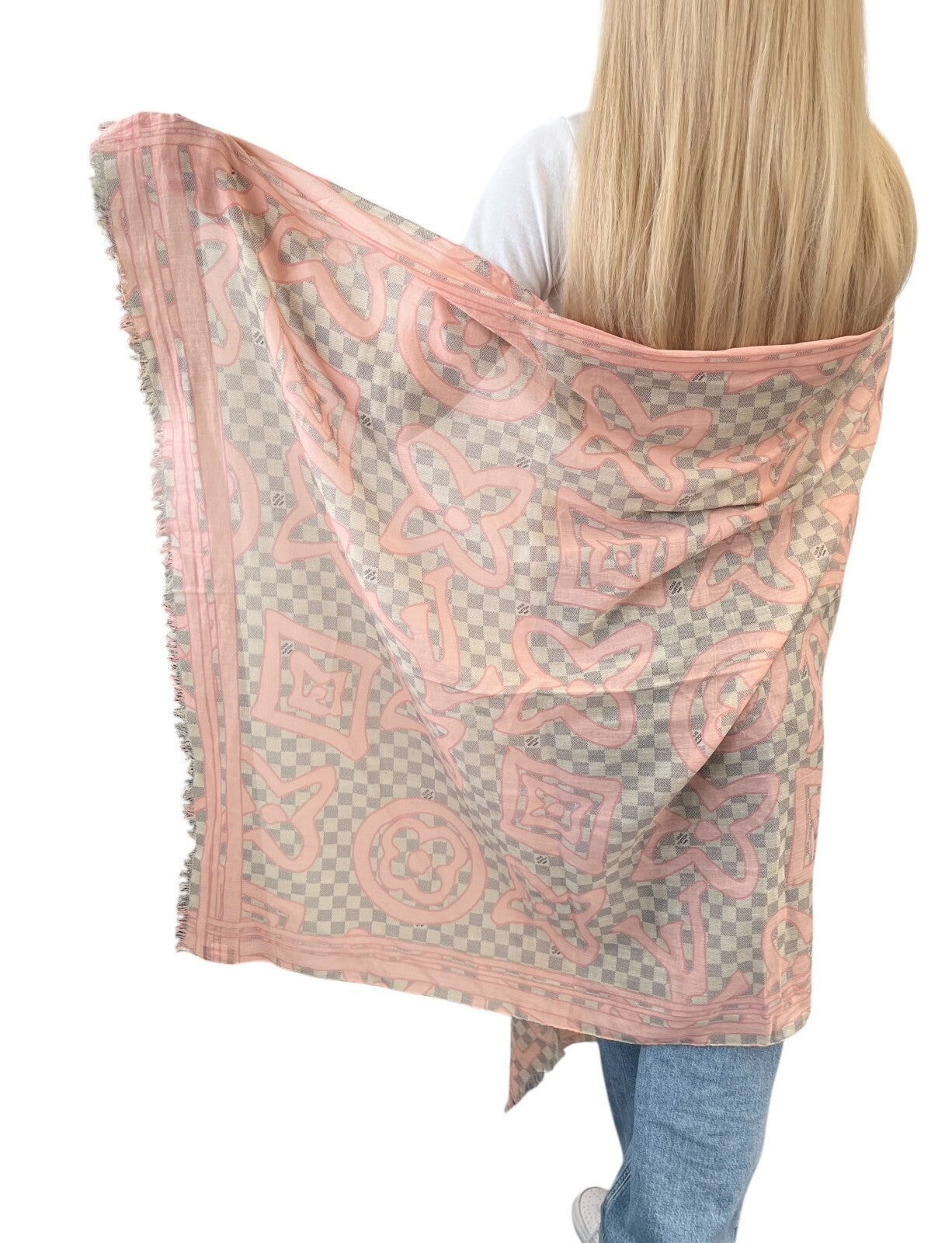 LOUIS VUITTON Vintage Damier Azur Tahitienne Logo Scarf Wrap Pink Gray Cotton