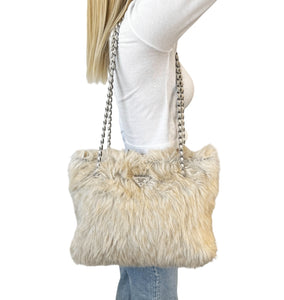 PRADA Vintage Logo Chain Tote Bag Medium Cream Silver Faux Fur Leather Rank AB