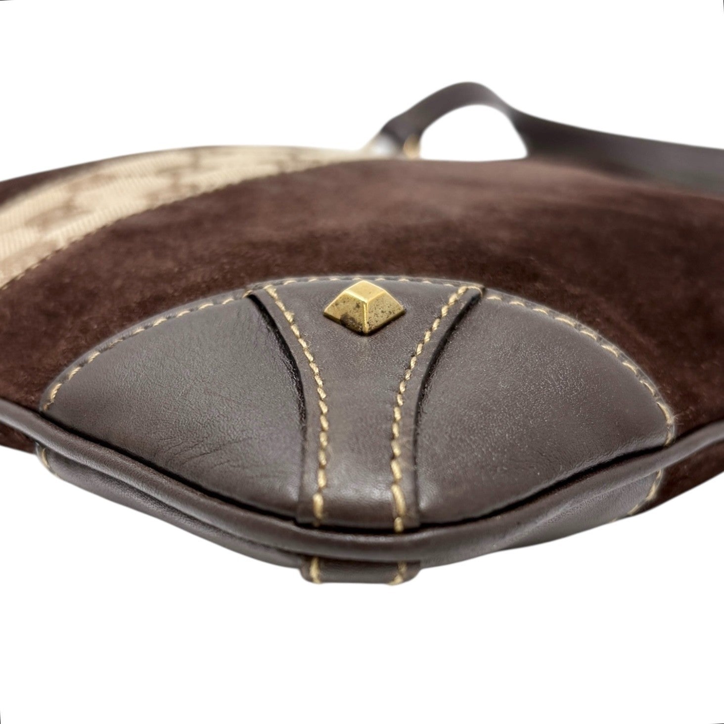 GUCCI Vintage GG Monogram Crossbody Bag Brown Gold Suede Canvas Studs Nailhead