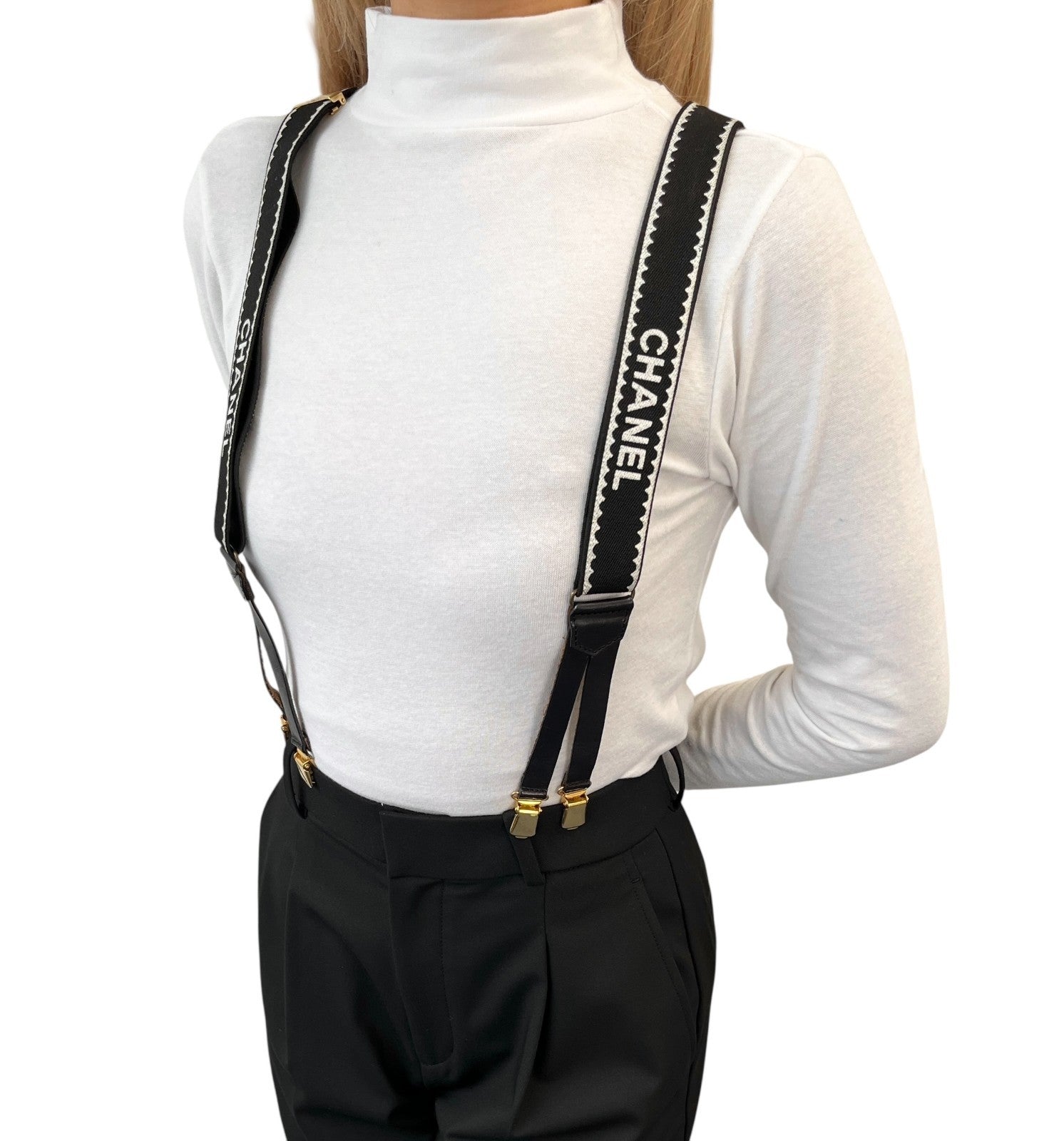 CHANEL Vintage 1994 CC Logo Letter Suspender Belt Black White Cotton Leather