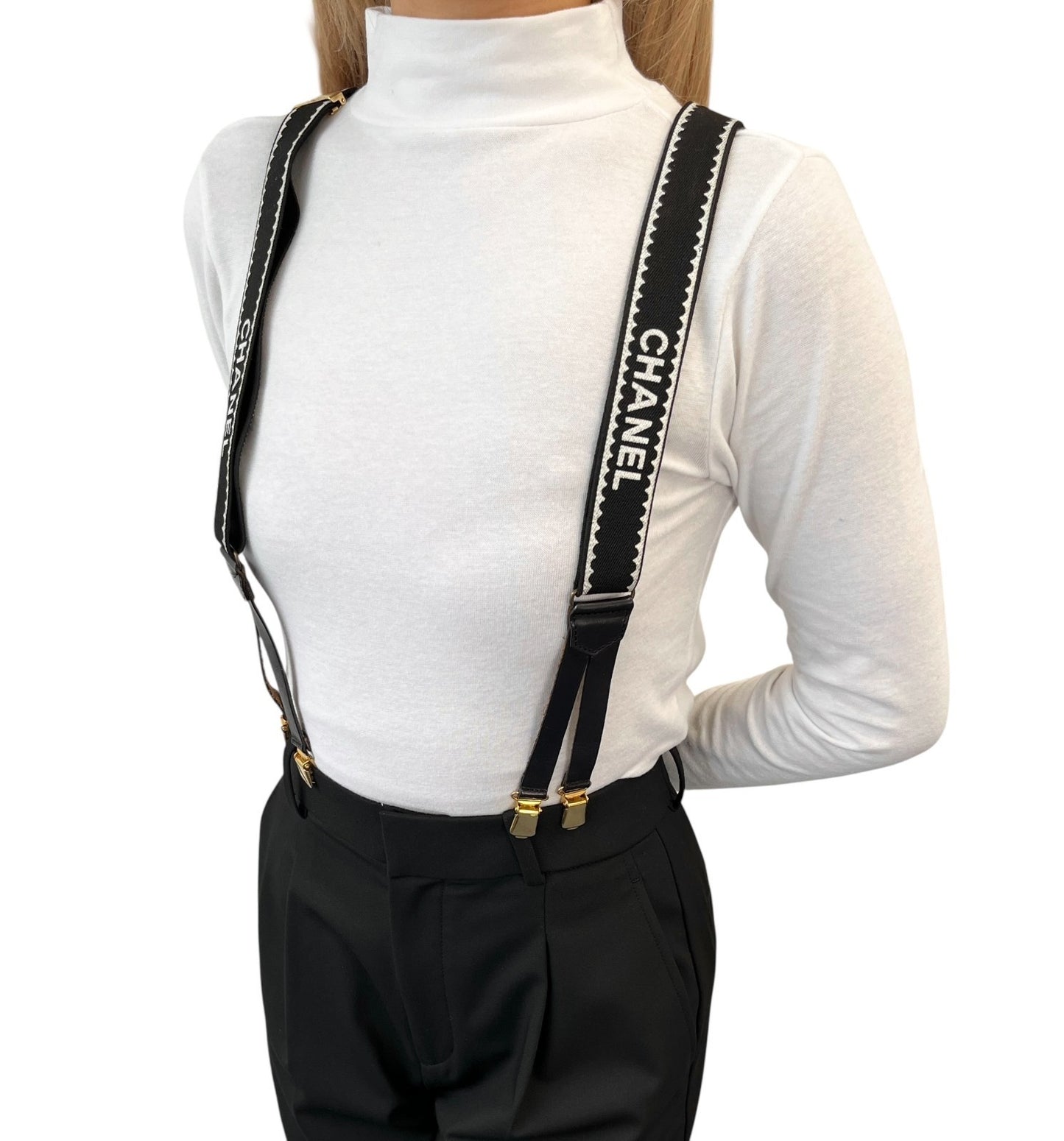 CHANEL Vintage 1994 CC Logo Letter Suspender Belt Black White Cotton Leather