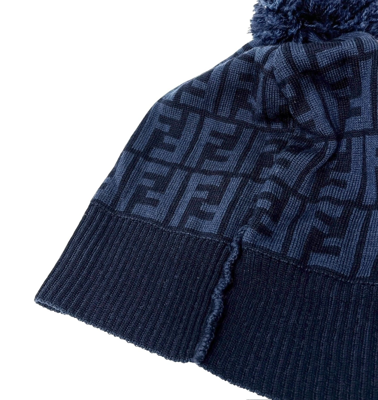 FENDI Vintage Zucca Monogram Logo Beanie Hat Knit Dark Blue Black Wool