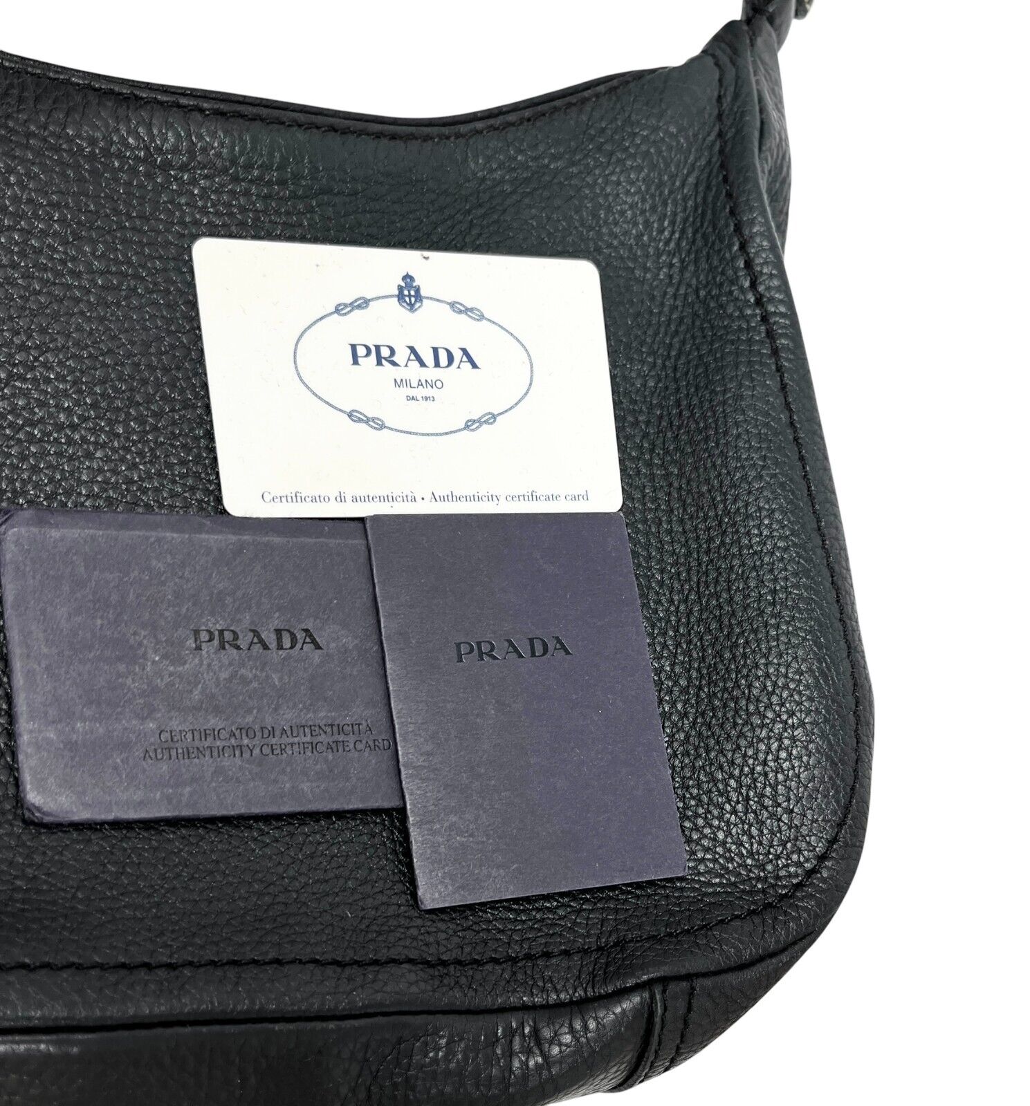 PRADA Vintage Logo Shoulder Bag Handbag Zip Stitch Black Silver Leather