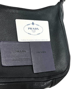 PRADA Vintage Logo Shoulder Bag Handbag Zip Stitch Black Silver Leather
