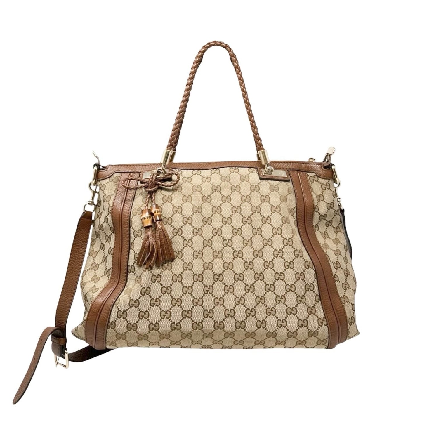 GUCCI Vintage GG Logo Monogram Fringe Shoulder Bag Brown Canvas Leather 902205