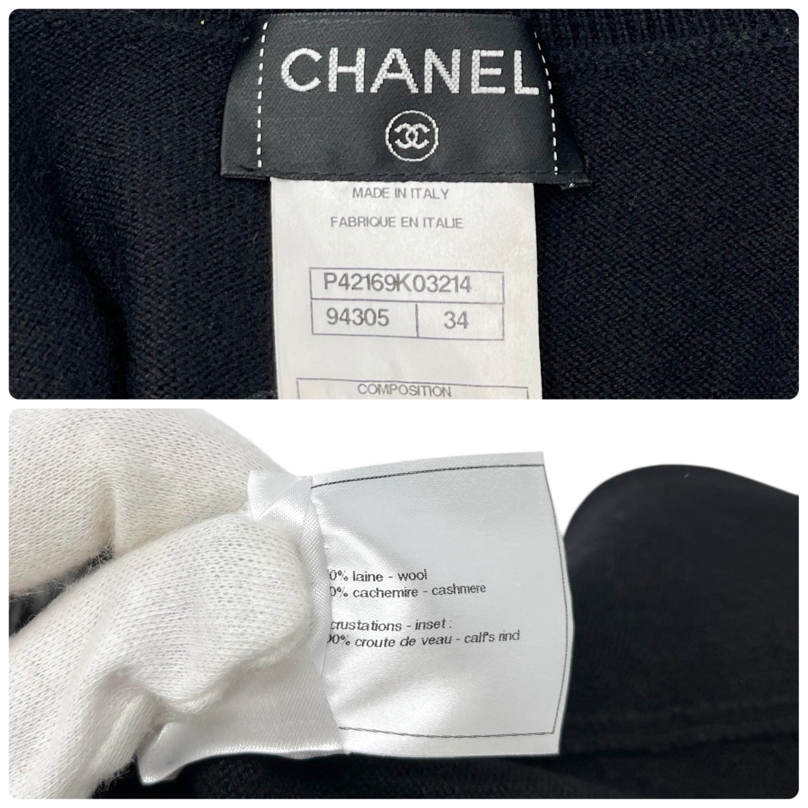 CHANEL Vintage P42169 CC Logo Turtleneck Knit Sweater Top #34 Stripe Black Wool