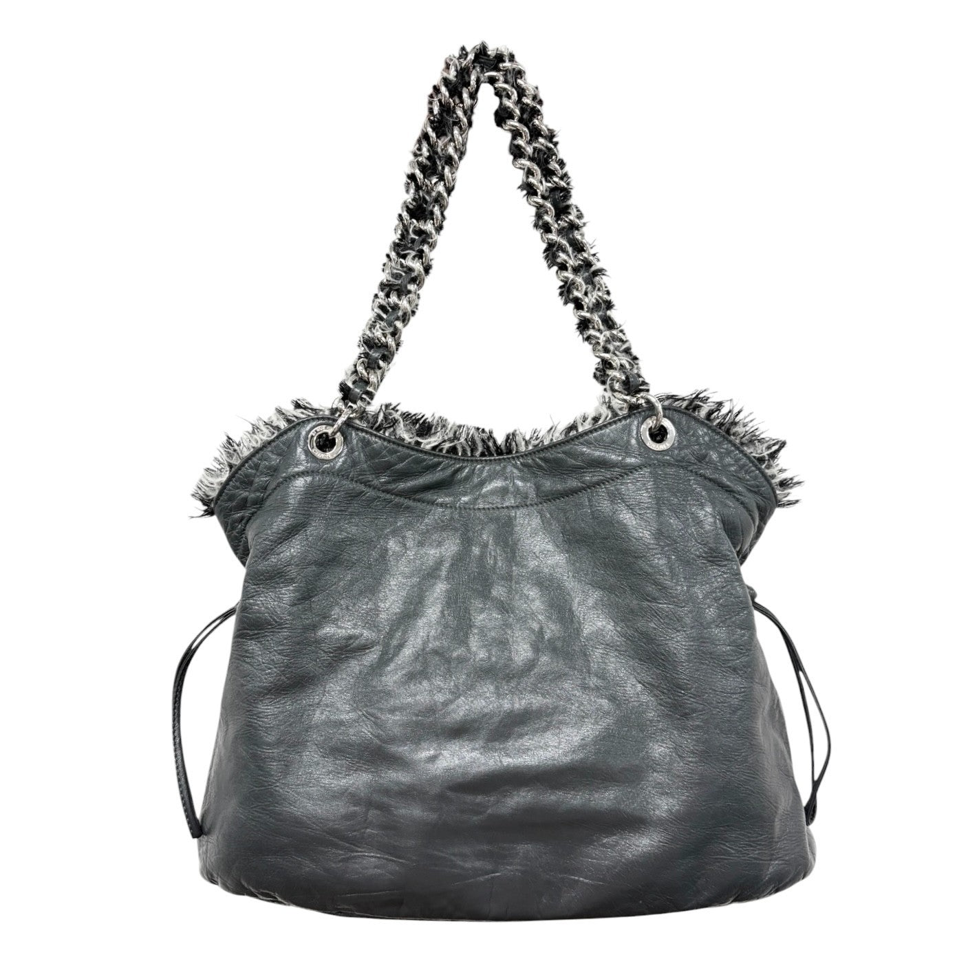 CHANEL Vintage CC Big Logo Funny Tweed Bon Bon Lambskin Shoulder Bag Gray Chain