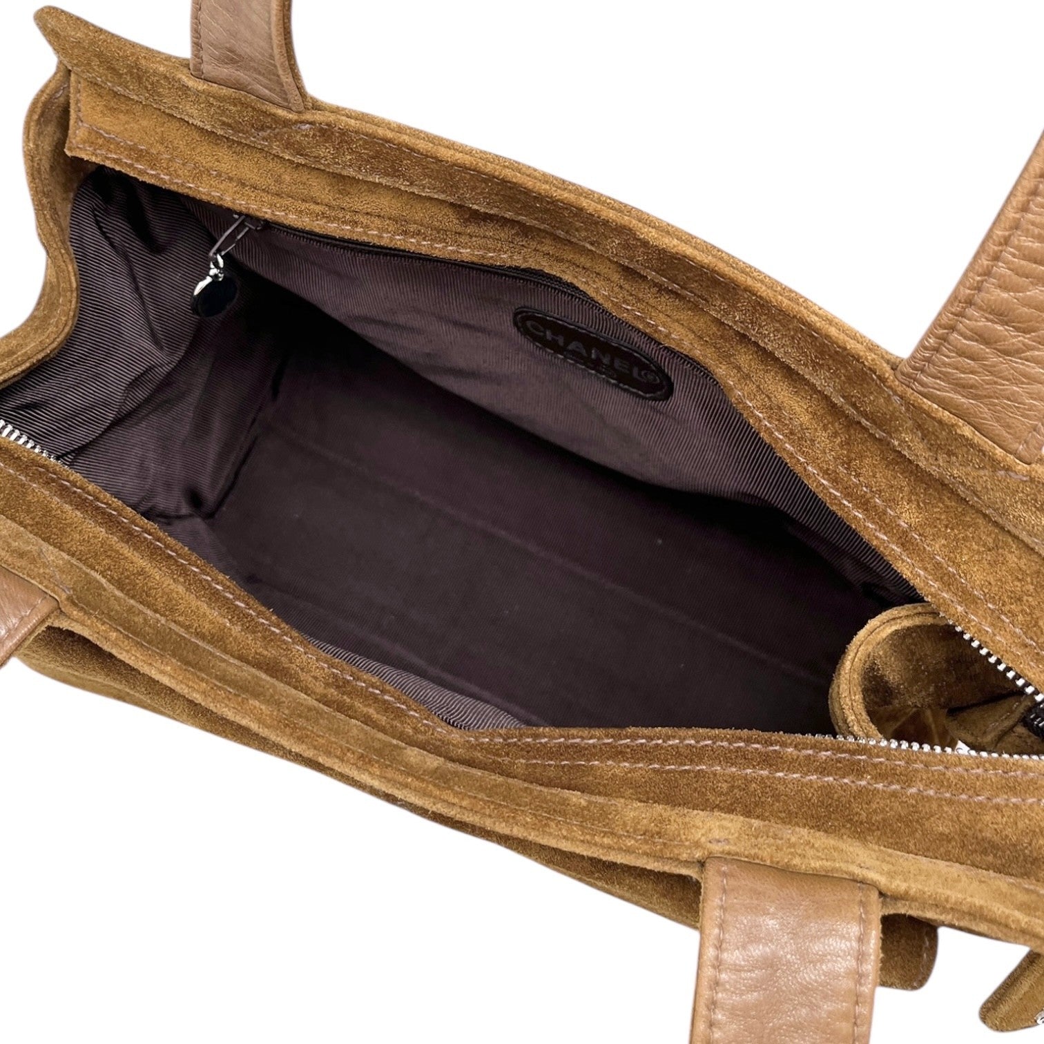 CHANEL Vintage CC Mark Logo Turnlock Tote Shoulder Bag Brown Silver Suede