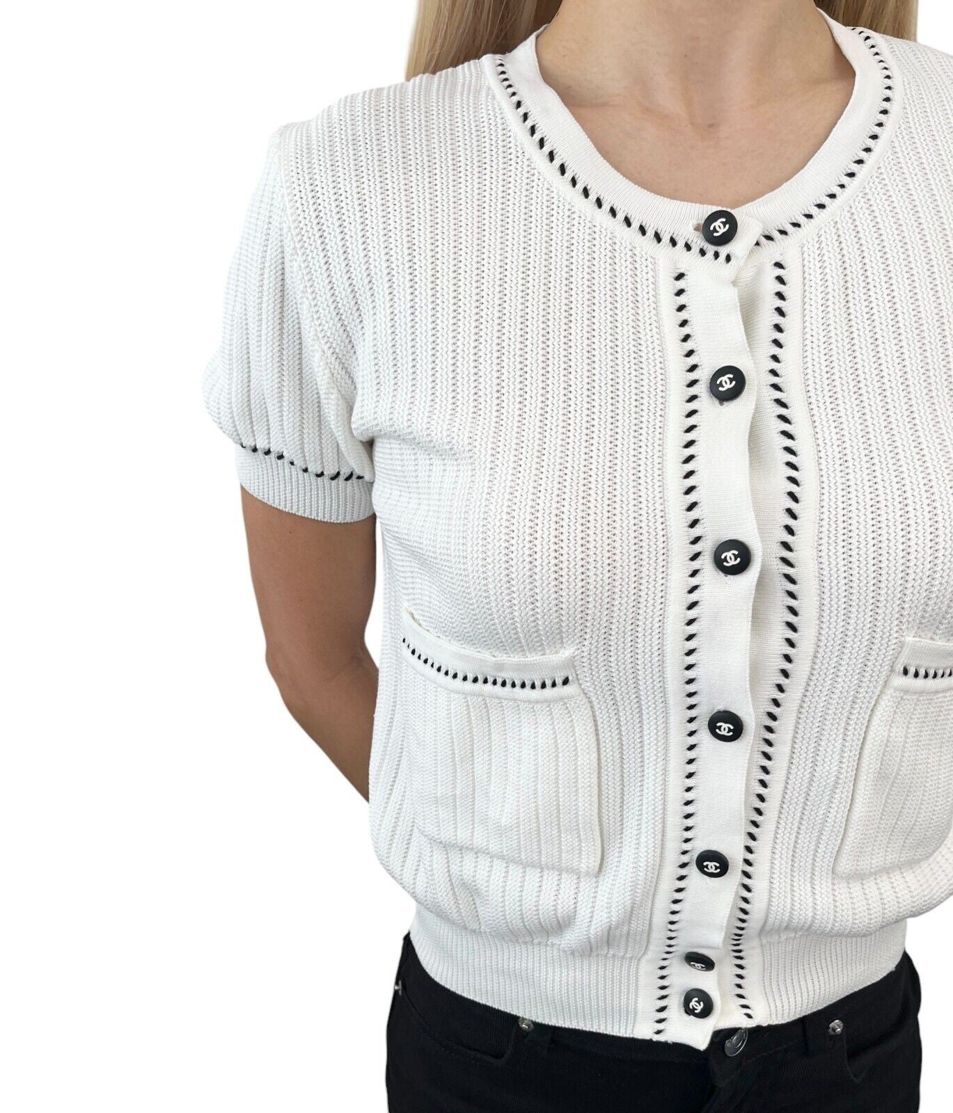 CHANEL Vintage 96P CC Logo Rib Knit Cardigan Top #40 Short Sleeve White Cotton