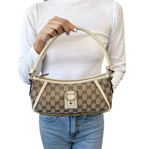GUCCI Vintage GG Monogram Logo Shoulder Bag Zip Beige Silver Canvas Pochette