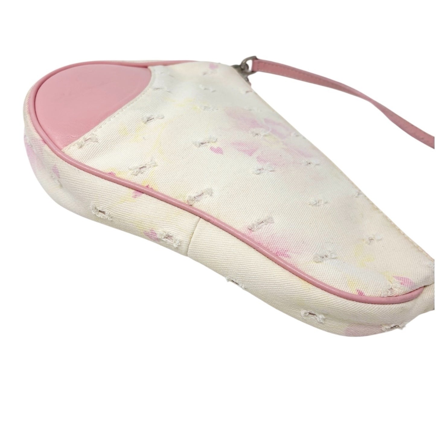 Christian Dior Vintage 2003 Distressed Floral Denim Mini Saddle Bag White Pink