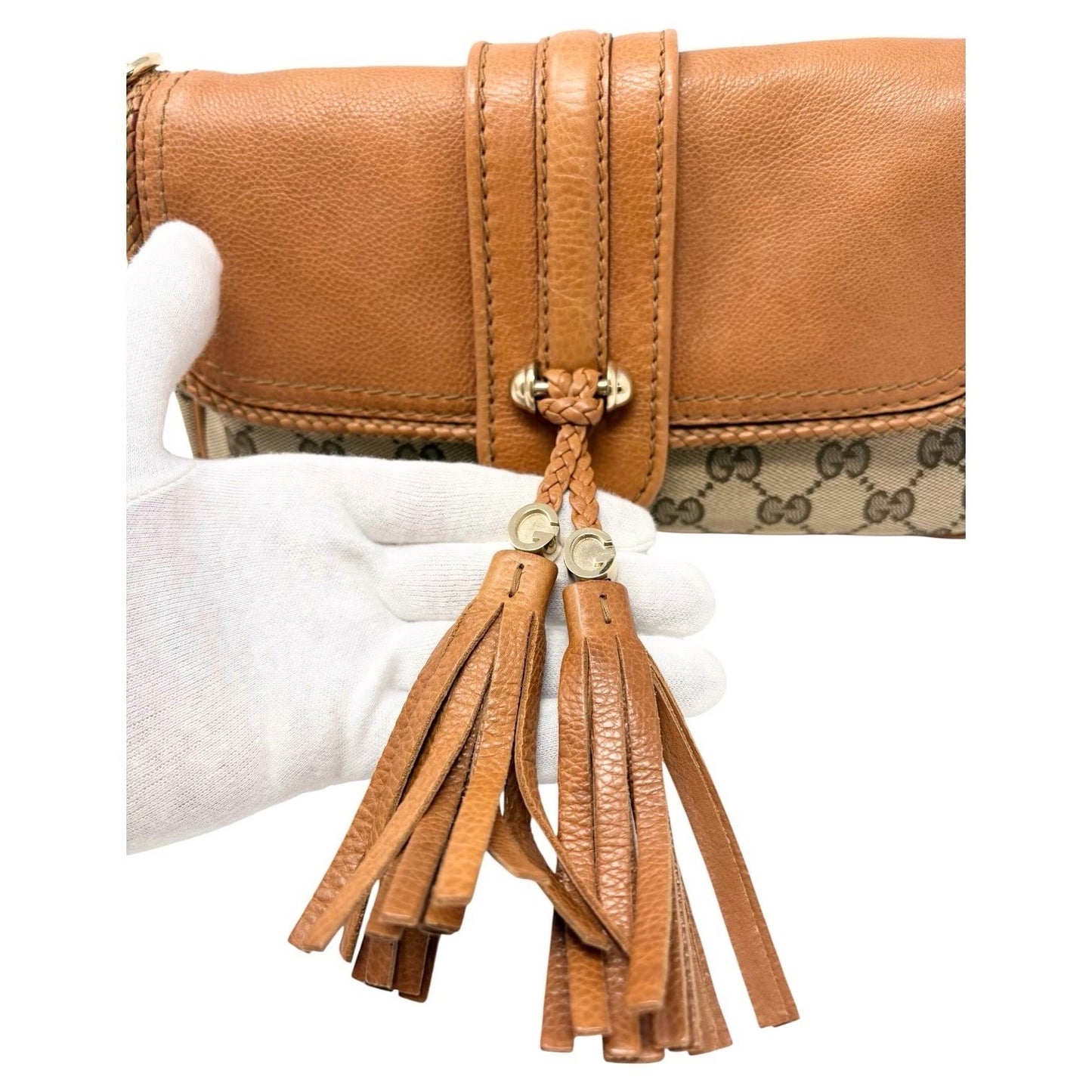 GUCCI Vintage GG Monogram Logo Chain Shoulder Bag Fringe Brown Beige Gold