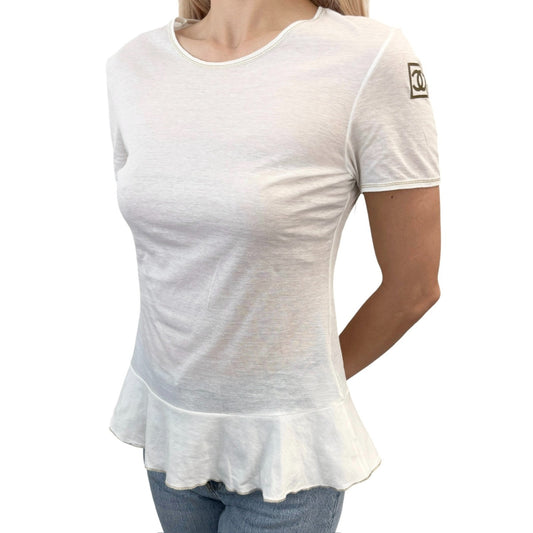 CHANEL Sport Vintage 06P CC Logo T-shirt Top #42 White Gold Cotton Frill